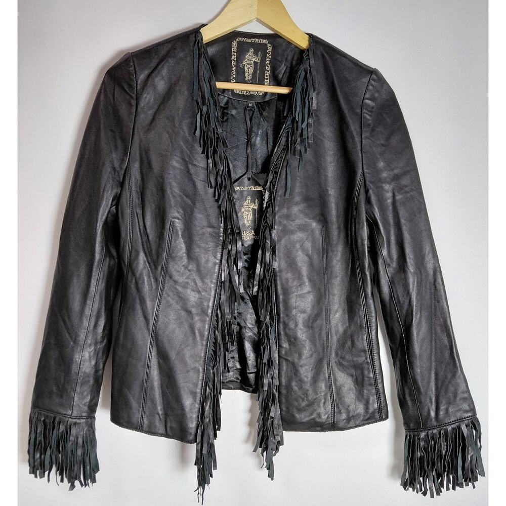 IP9 NWT MY TRIBE MT9000 Leather Fringe Jacket Solid Long Sleeve Women Size M